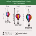 Size chart showing dimensions of the solar hot air balloon lantern, including height and width, designed for backyard, patio, and garden décor
