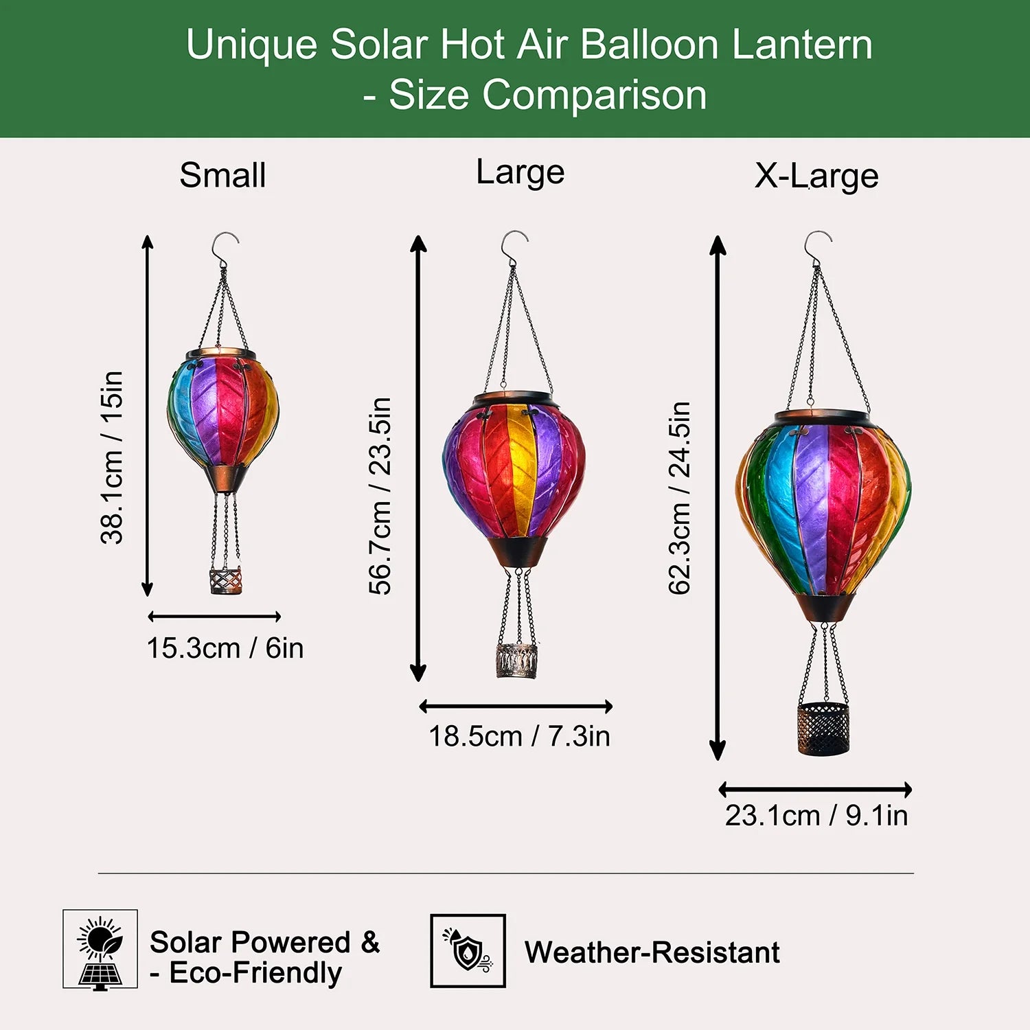 Size chart showing dimensions of the solar hot air balloon lantern, including height and width, designed for backyard, patio, and garden décor