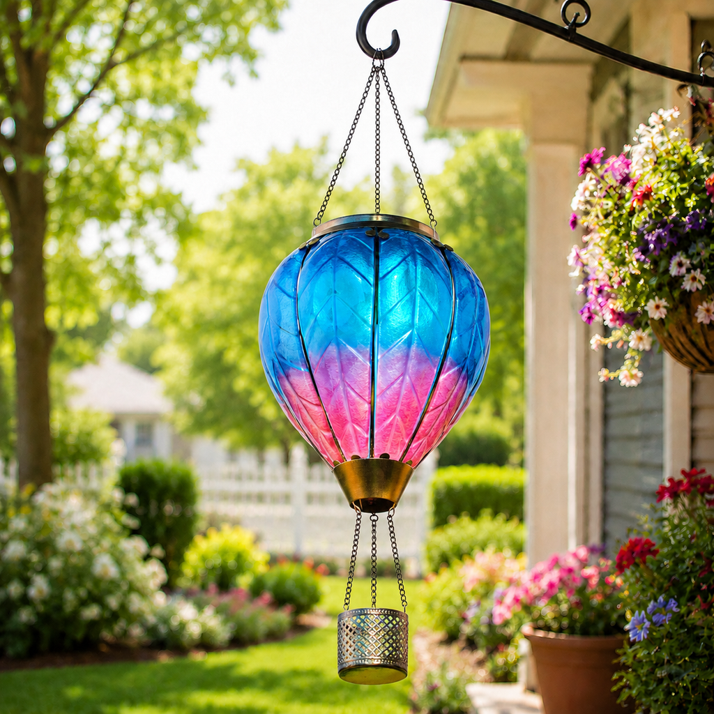 Blue and pink ombre hot air balloon solar lantern hanging beside a flower garden porch