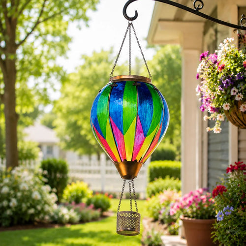 Chroma geometric hot air balloon solar lantern hanging beside a colorful garden porch