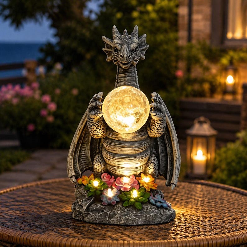 Dragon Crystal Ball Solar Garden Statue