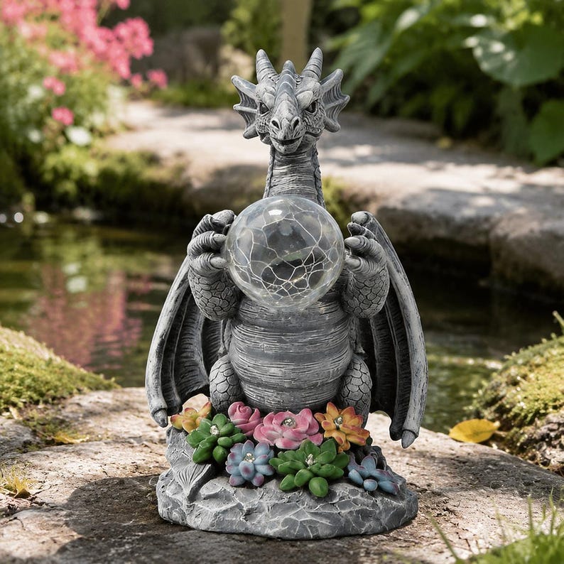 Dragon Crystal Ball Solar Garden Statue