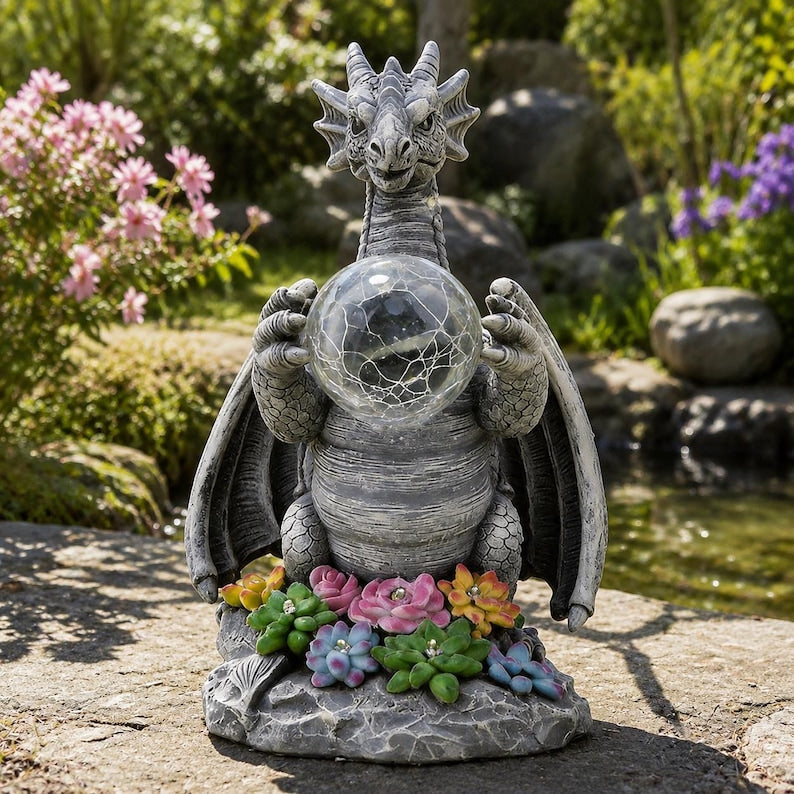 Dragon Crystal Ball Solar Garden Statue
