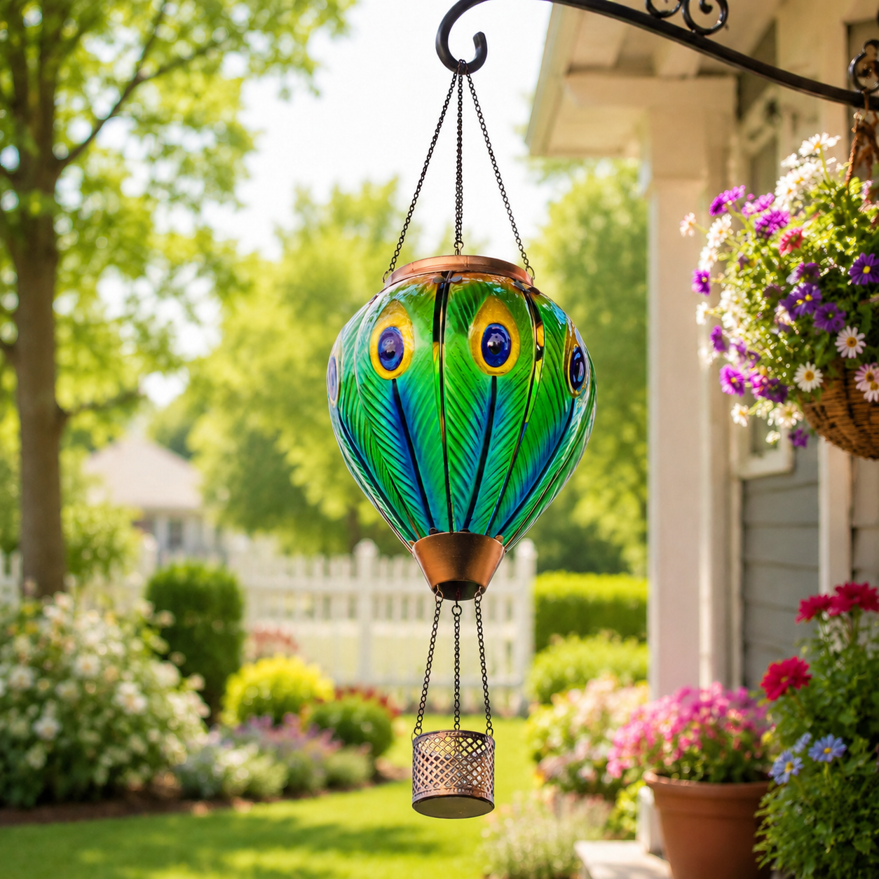 Peacock feather hot air balloon solar lantern hanging beside a sunny flower garden porch