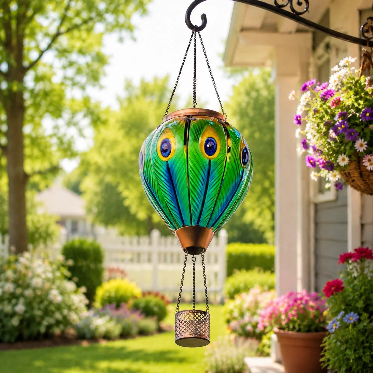 Peacock feather hot air balloon solar lantern hanging beside a sunny flower garden porch