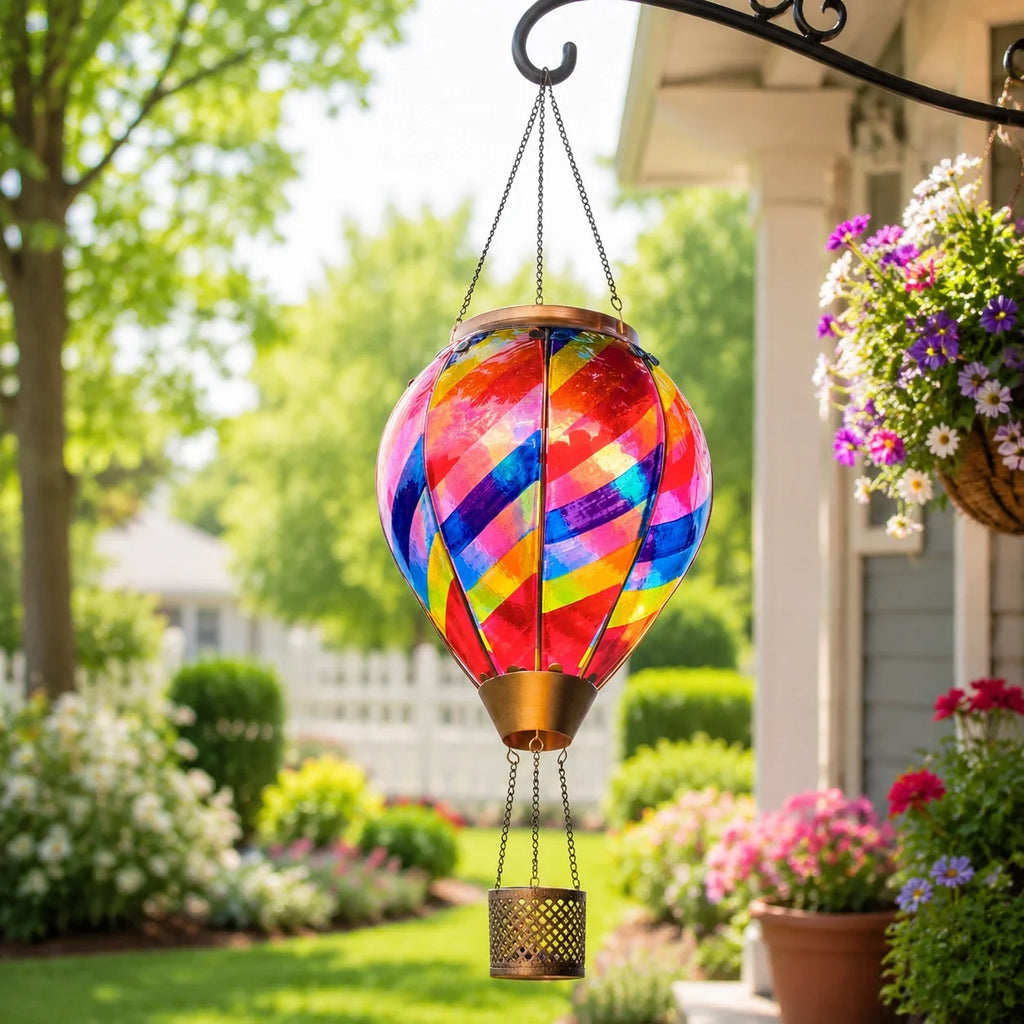 Rainbow mosaic hot air balloon solar lantern hanging beside a sunny garden porch