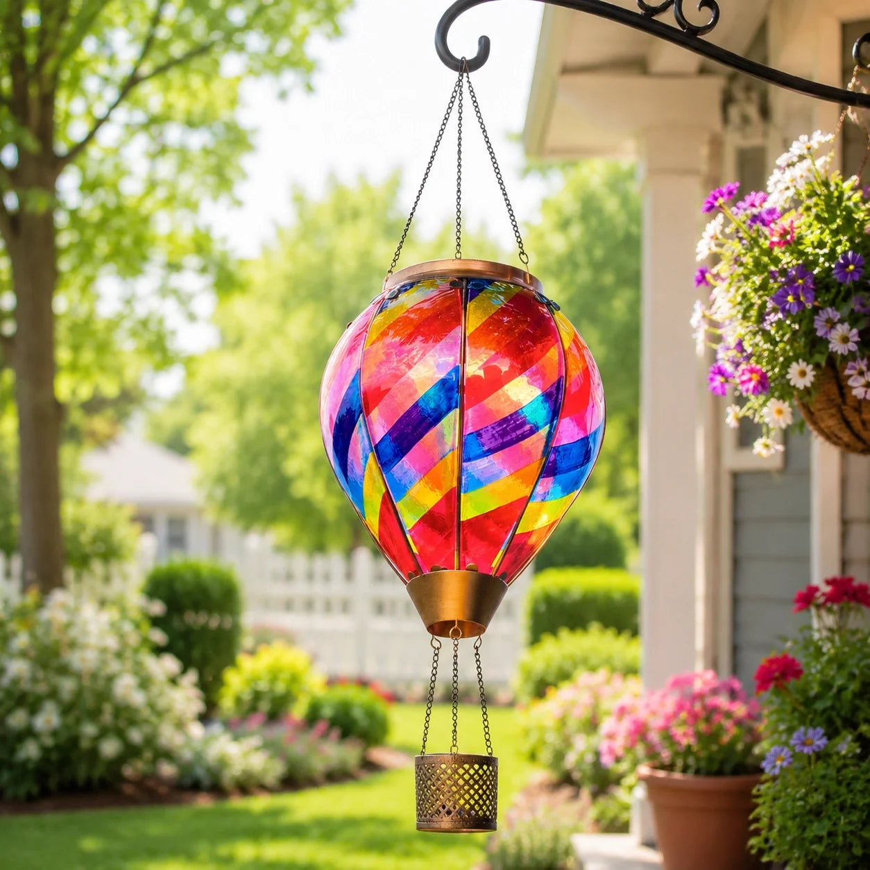 Rainbow mosaic hot air balloon solar lantern hanging beside a sunny garden porch